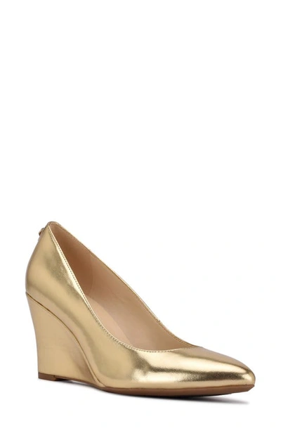 Nine West Women's Cal 9x9 Slip-on Pointy Toe Dress Pumps In Gold Faux Leather