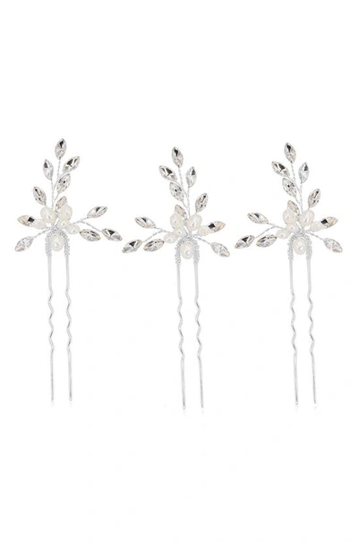 Brides And Hairpins Agapi Set Of 4 Pearl & Crystal Hair Pins In Silver