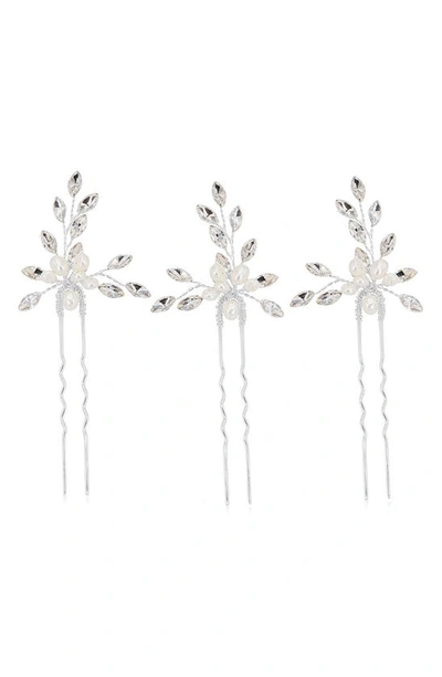 Brides And Hairpins Brides & Hairpins Agapi Set Of 4 Pearl & Crystal Hair Pins In Silver