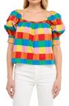 English Factory Rainbow Check Puff Sleeve Cotton Top In Multi