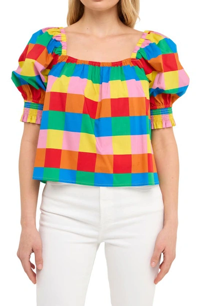 English Factory Rainbow Check Puff Sleeve Cotton Top In Multi