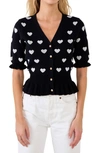 English Factory Puff Sleeve Heart Cardigan In Black