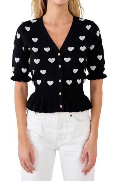 English Factory Puff Sleeve Heart Cardigan In Black