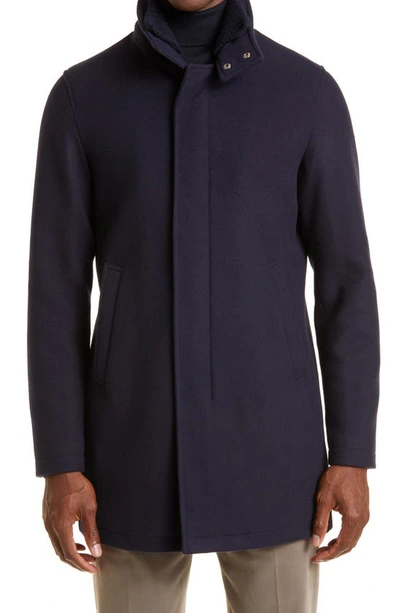 Herno Rib Collar Wool Blend Car Coat In Dark Blue