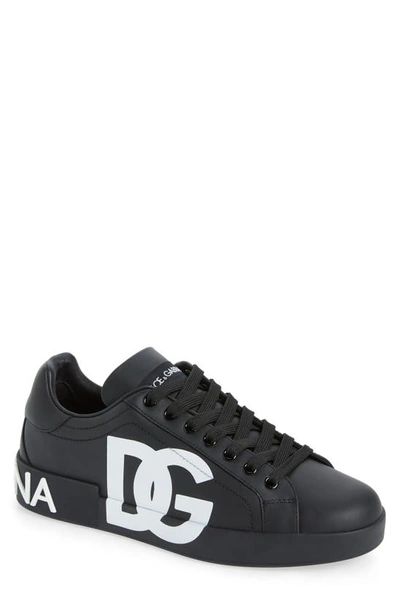 Dolce & Gabbana Calfskin Nappa Portofino Trainers With Dg Logo Print In Black