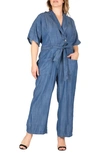 Standards & Practices Tencel Denim Kimono Sleeves Tie Wrap Jumpsuit In Indigo