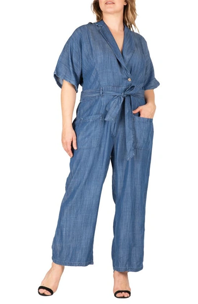 Standards & Practices Tencel Denim Kimono Sleeves Tie Wrap Jumpsuit In Indigo