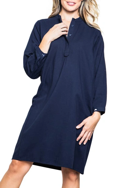 Petite Plume Grace Cotton Flannel Henley Nightgown In Navy