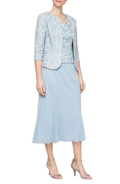 Alex Evenings Lace Bodice Midi Dress With Jacket In Light Blue