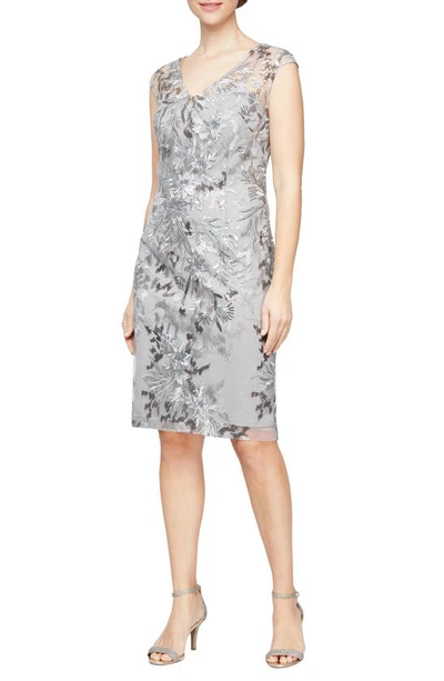 Alex Evenings Sequin Embroidered Sheath Dress In Silver