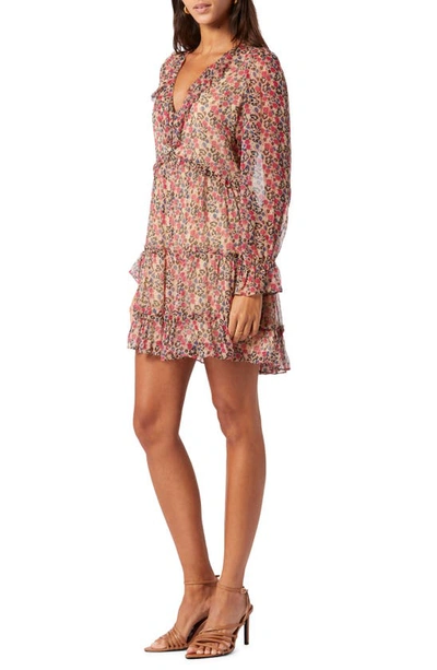 Joie Adanson Floral Long Sleeve Silk Minidress In Pale Khaki Multi