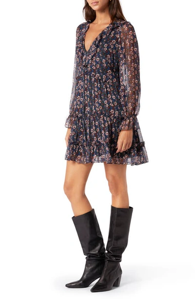 Joie Adanson Floral Long Sleeve Silk Minidress In Caviar Multi