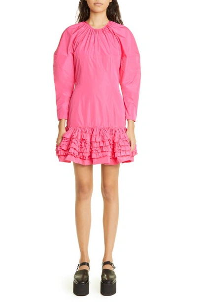 Molly Goddard Caerys Long Sleeve Ruffle Drop Hem Taffeta Dress In Pink
