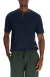 Unsimply Stitched Short Sleeve Henley & Lounge Shorts 2-piece Pajama Set In Heather Blue/ Heather Green