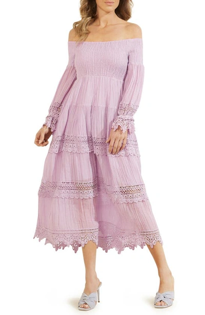 Guess Amberlee Off The Shoulder Long Sleeve Dress In Purple | ModeSens