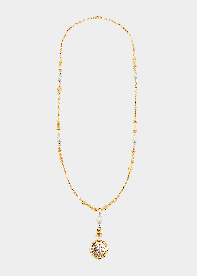 Ben-amun Long Gold Pearly Necklace With Coin Pendant In Yg