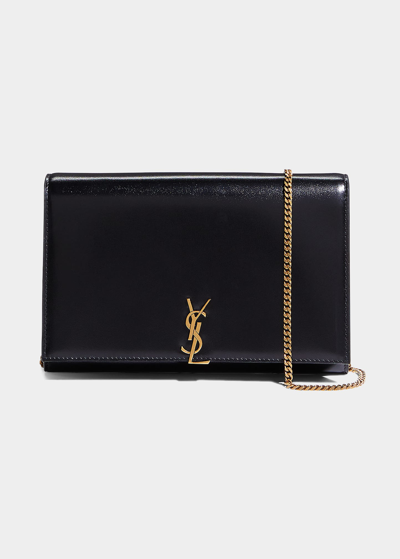 Saint Laurent Le Monogramme Ysl Glossy Wallet On Crossbody Chain In Black