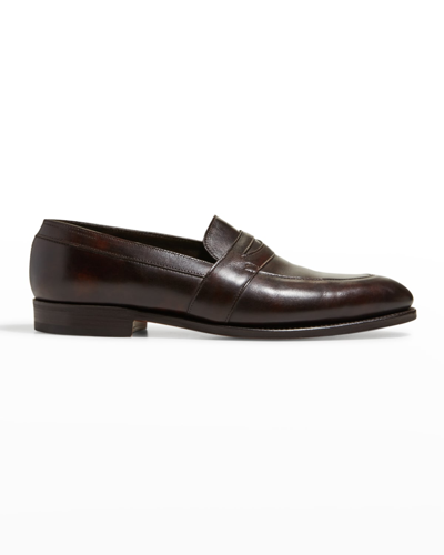 John Lobb Men's Adley Leather Penny Loafers In Dark Brown