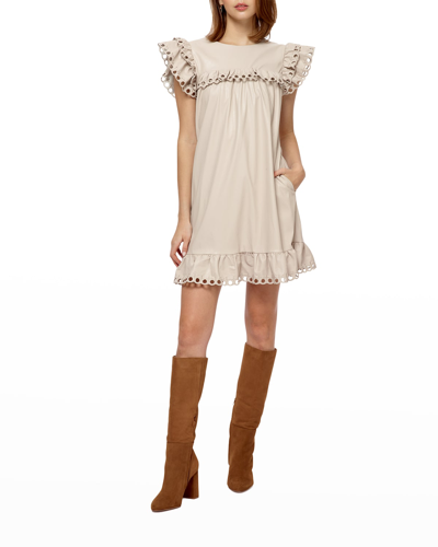 Stellah Faux Leather Eyelet-trimmed Mini Dress In Bone