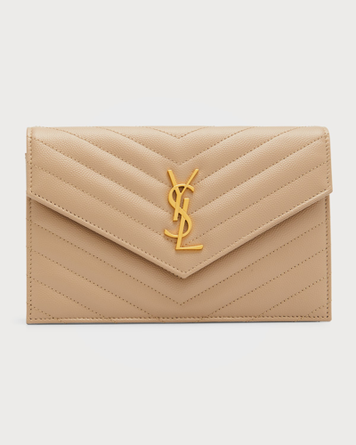 Saint Laurent Small Ysl Envelope Flap Wallet On Chain In Dark Beige