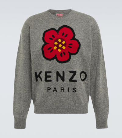 Kenzo Boke Intarsia Wool Knit Sweater In Grey