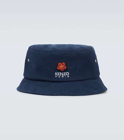 Kenzo Boke Embroidery Cotton Canvas Bucket Hat In Blue