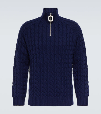 Jw Anderson Slim-fit Cable-knit Merino Wool Half-zip Sweater In Blue
