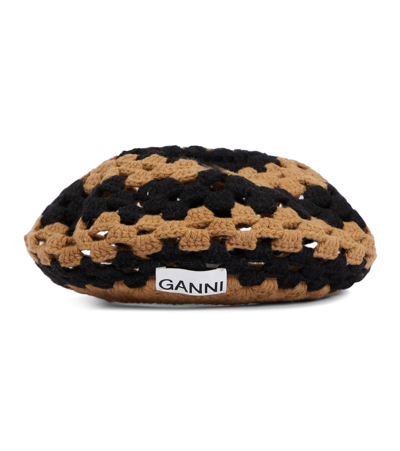 Ganni Logo-patch Recycled-wool And Recycled-polyamide Blend Crochet Beret In Brown