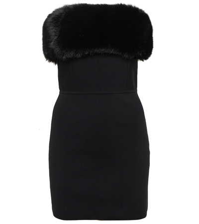 Saint Laurent Strapless Faux Fur-trimmed Wool-blend Mini Dress In Black