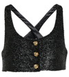 Ganni Sparkly Button-front Crop Top In Black
