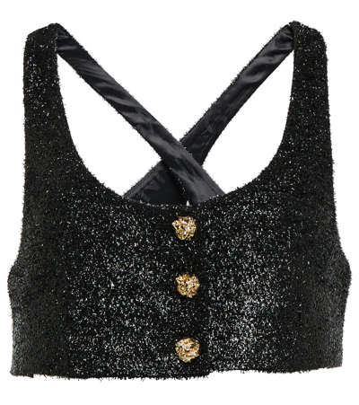 Ganni Sparkly Button-front Crop Top In Black