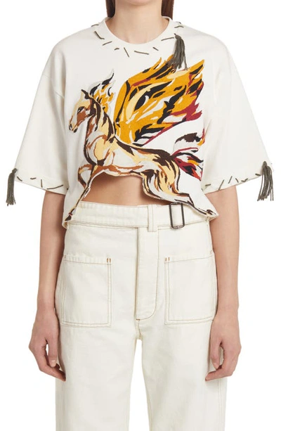 Etro Woman White Crop T-shirt With Pegasus And Cube Logo In Multicolor