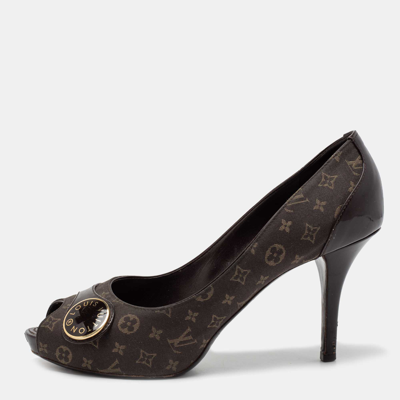 Pre-owned Louis Vuitton Dark Brown Monogram Canvas And Patent Leather Judy Peep-toe Pumps Size 37