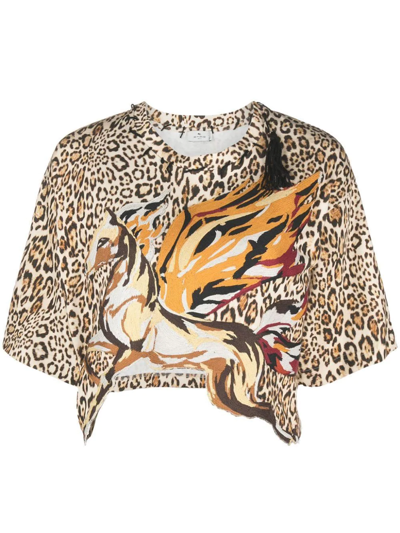 Etro Brown Pegaso Patch Leopard Print T-shirt In Neutrals