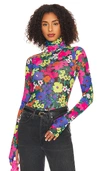 Afrm Zadie Mesh Turtleneck Top In Neon Night Garden
