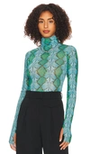Afrm Zadie Mesh Turtleneck Top In Teal Snake