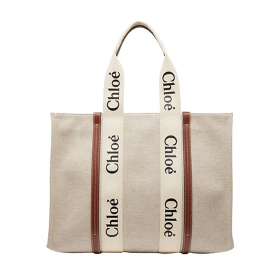 Chloé Large Woody Tote Bag In White Brown 1