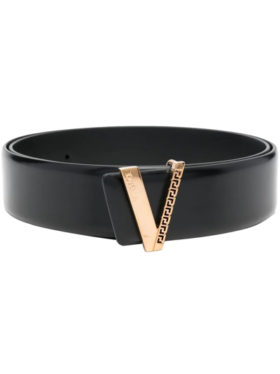 Versace Logo-buckle Leather Belt In 黑色