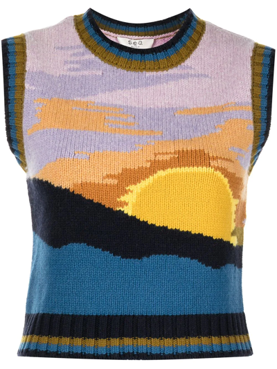 Sea Sunset Intarsia Merino Wool Vest In Multi