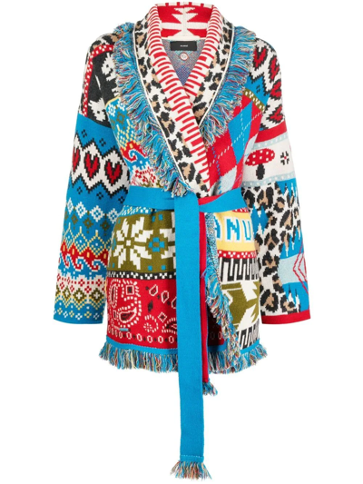 Alanui Oversize Multicolor Cardigan In Wool Cashmere Blend Finishing With Fringes In Blue