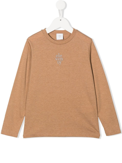 Eleventy Teen Logo-embroidered Long-sleeved T-shirt In Neutrals