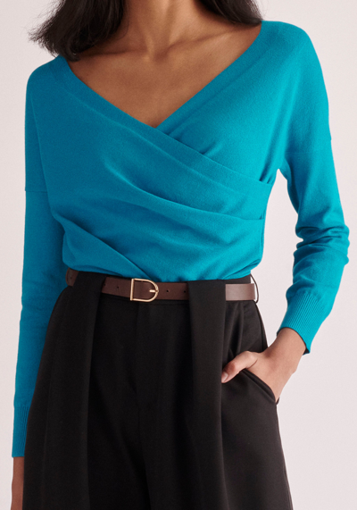 Paisie Knitted Wrap Top With Long Sleeves In Blue