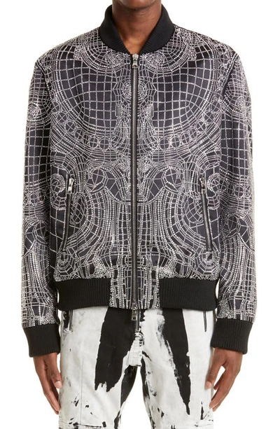 Balmain Man Bomber Jacket In Black Silk With All-over Strass In Silver,black