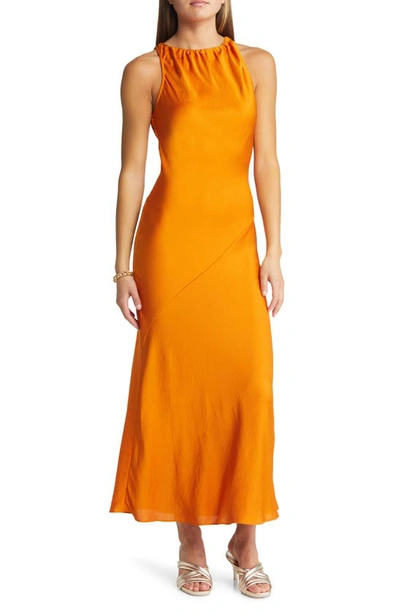 Open Edit Halter Neck Satin Midi Dress In Orange Jam