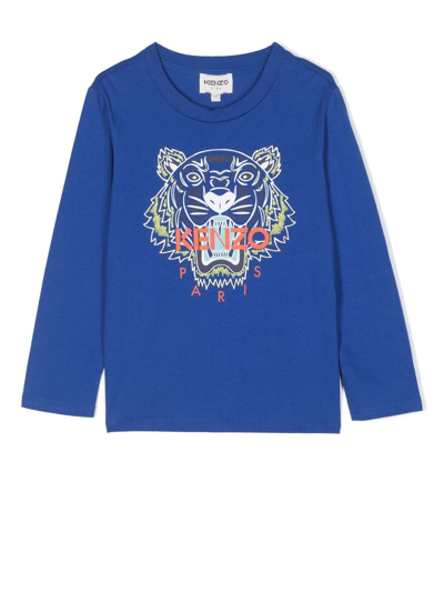 Kenzo Kids' Tiger-print Long-sleeve T-shirt In Blue