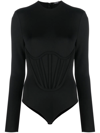 Versace Corset Detail Long Sleeve Neoprene Bodysuit In Schwarz