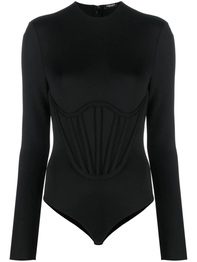 Versace Corset Detail Long Sleeve Neoprene Bodysuit In Black