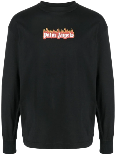 Palm Angels Burning Logo-print Long-sleeve T-shirt In Schwarz