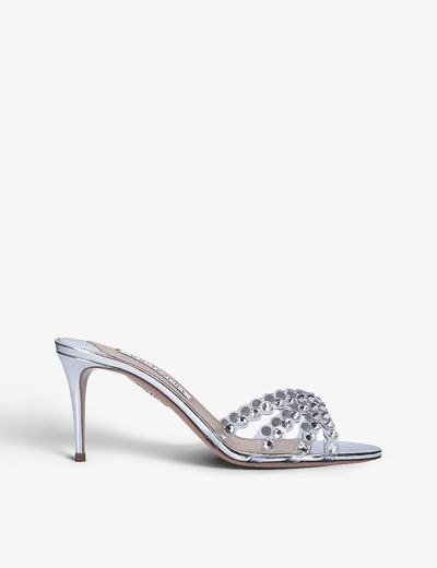 Aquazzura Womens Silver Tequila Crystal-embellished Leather Heeled Mules