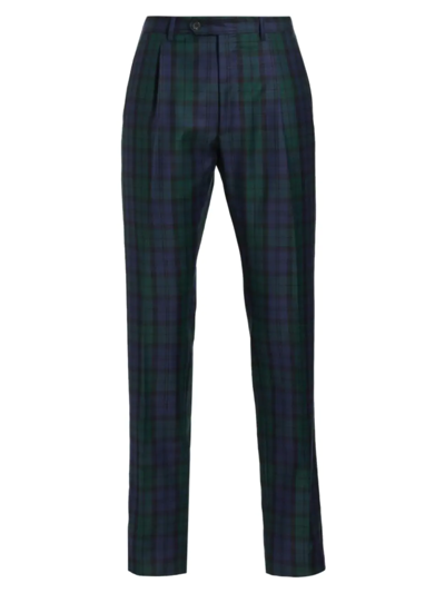 Saks Fifth Avenue Collection Plaid Print Wool Dress Trousers In Navy Blazer Burnt Olive